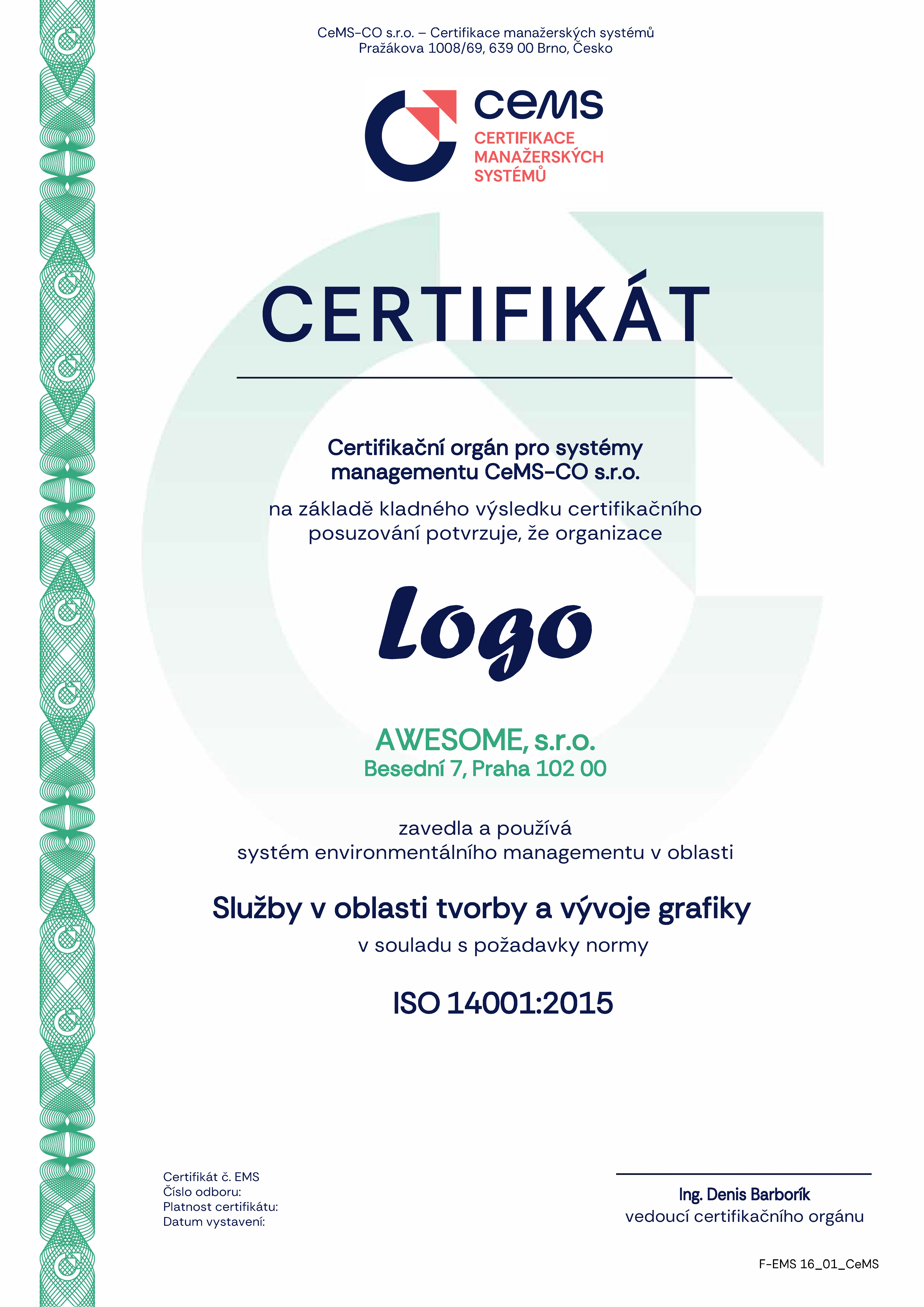 vzor certifikátu ISO 14001 od CeMS